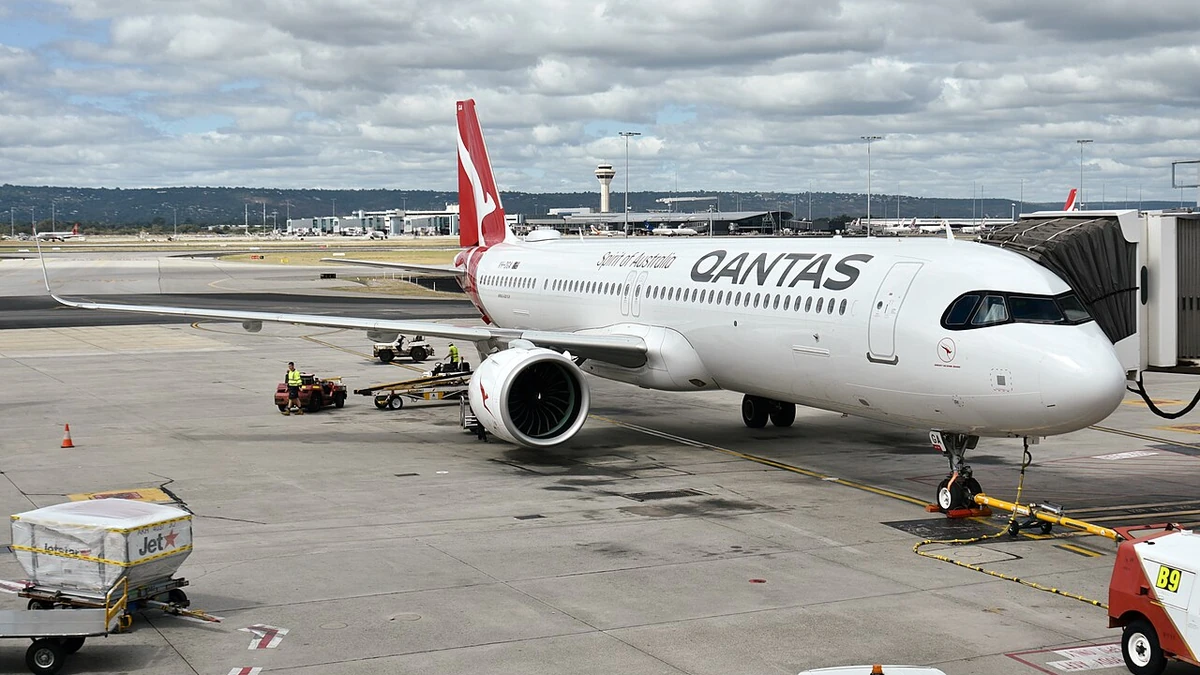 Qantas Airbus A321XLR VH-OGA parked at Perth Airport in Western Australia.