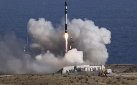 A Rocket Lab Electron rocket lifting off from Launch Complex 1 in New Zealand.