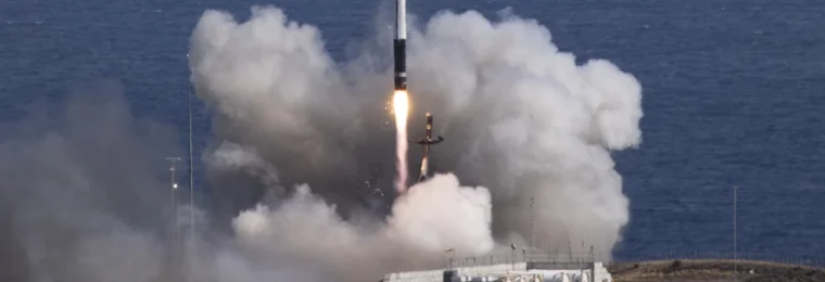 A Rocket Lab Electron rocket lifting off from Launch Complex 1 in New Zealand.