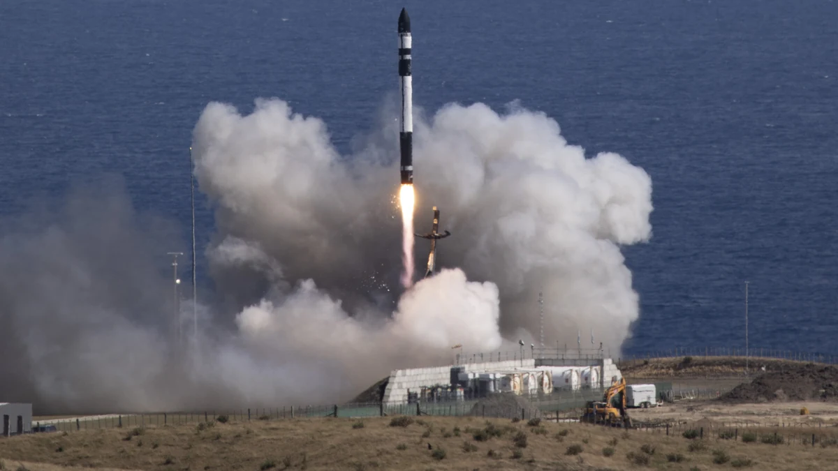 A Rocket Lab Electron rocket lifting off from Launch Complex 1 in New Zealand.