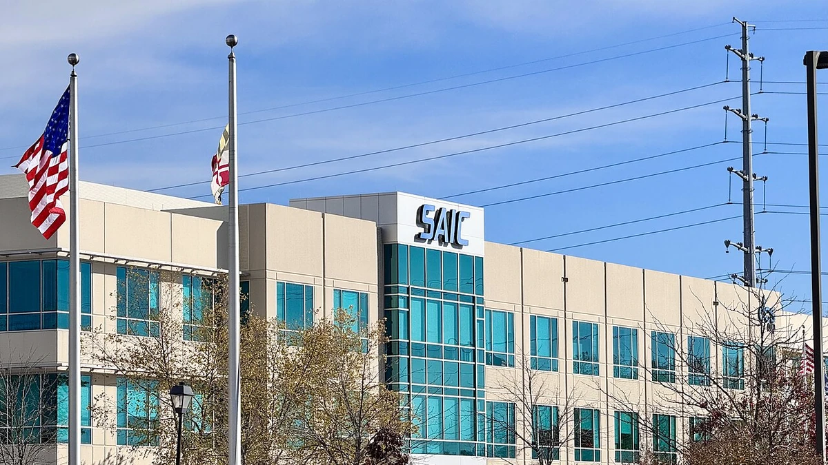 SAIC office building in California, Maryland, with the SAIC sign visible on the facade.