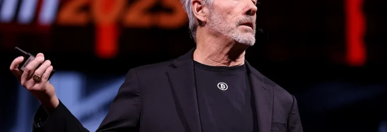 Michael Saylor speaking at the Bitcoin 2025 conference in Las Vegas.