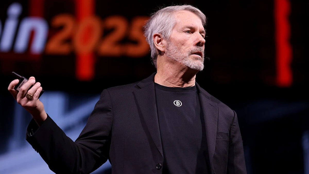 Michael Saylor speaking at the Bitcoin 2025 conference in Las Vegas.