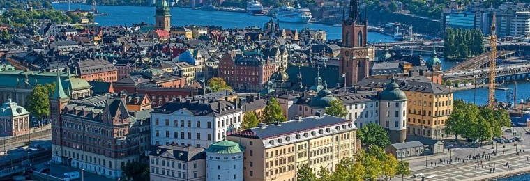 Panoramic view of Riddarholmen and central Stockholm seen from Stockholm City Hall tower.