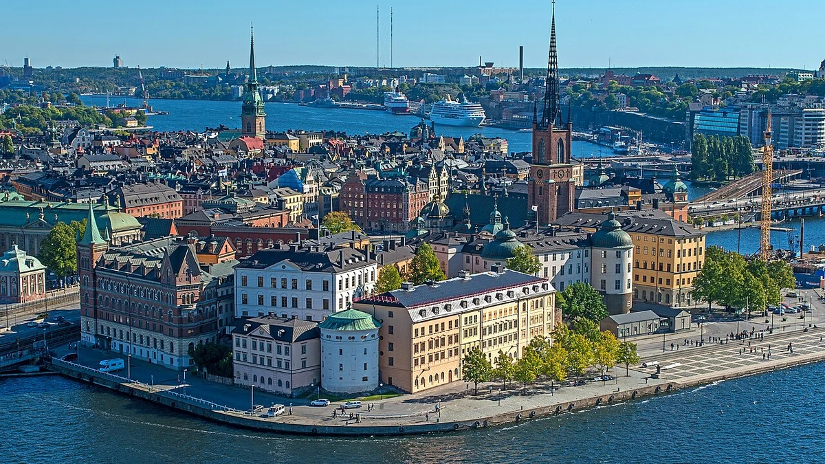 Panoramic view of Riddarholmen and central Stockholm seen from Stockholm City Hall tower.