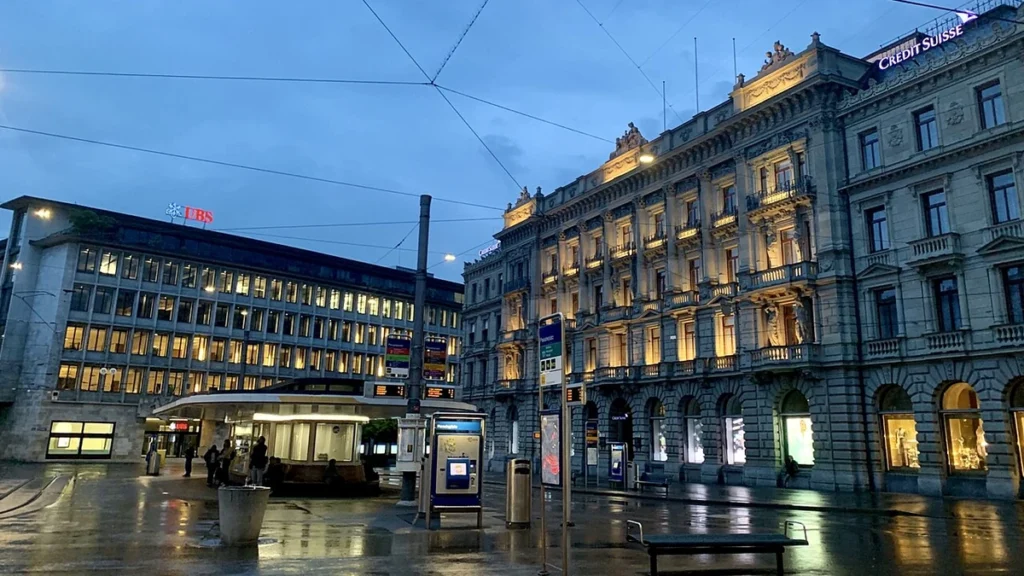UBS and Credit Suisse buildings at Paradeplatz in Zurich, Switzerland.