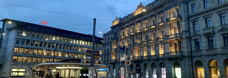 UBS and Credit Suisse buildings at Paradeplatz in Zurich, Switzerland.