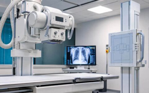 Modern medical X-ray imaging system in a radiology room.