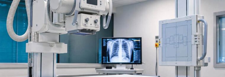Modern medical X-ray imaging system in a radiology room.