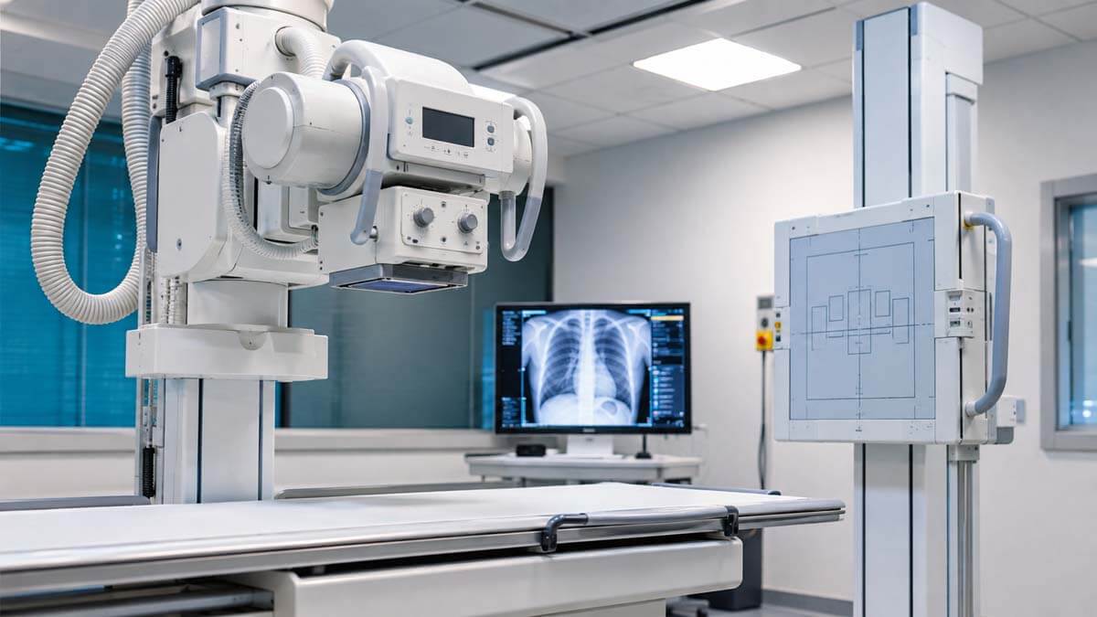 Modern medical X-ray imaging system in a radiology room.