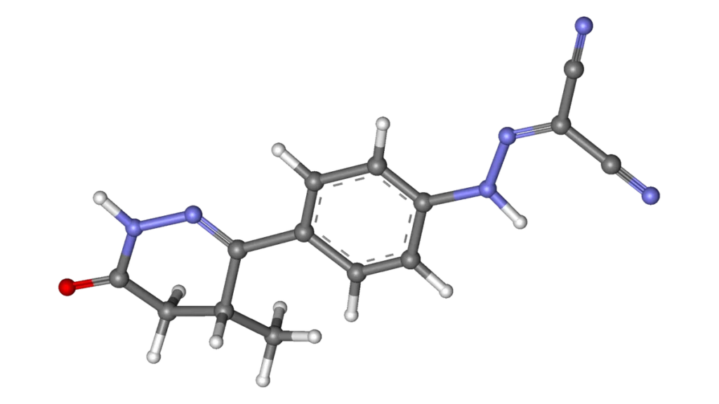 Ball-and-stick molecular model of levosimendan.