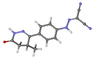Ball-and-stick molecular model of levosimendan.