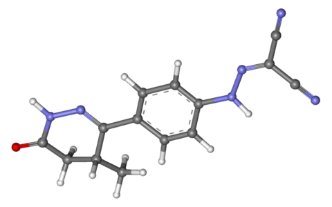 Ball-and-stick molecular model of levosimendan.