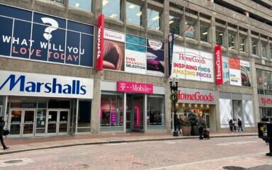 Marshalls, HomeGoods and T.J. Maxx storefronts in Boston's Downtown Crossing.