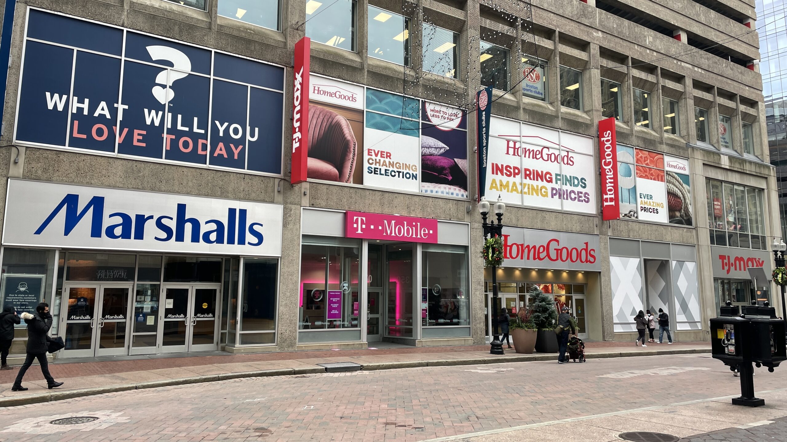 Marshalls, HomeGoods and T.J. Maxx storefronts in Boston's Downtown Crossing.