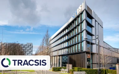 Tracsis plc's Leeds headquarters at Nexus with the Tracsis logo.