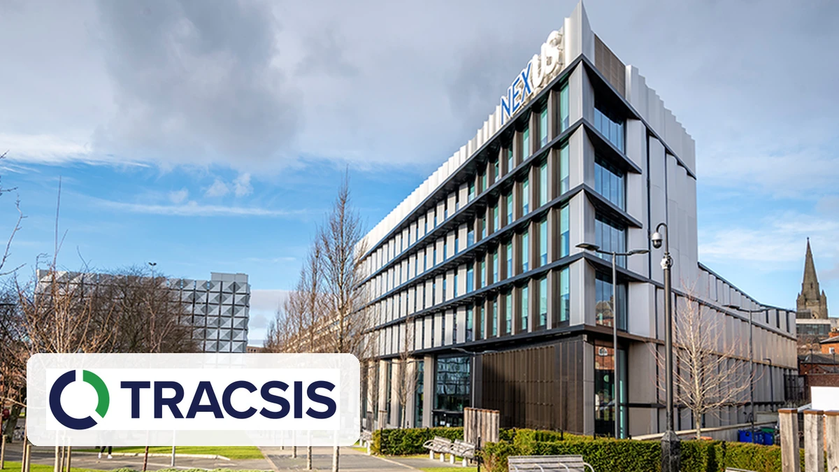 Tracsis plc's Leeds headquarters at Nexus with the Tracsis logo.