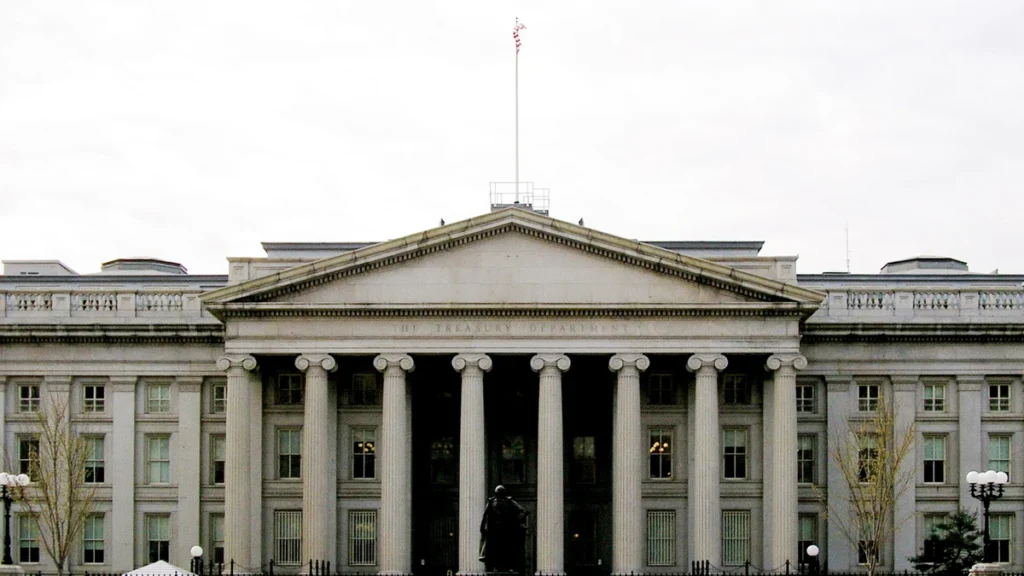 Front facade of the U.S. Treasury Building in Washington, D.C.