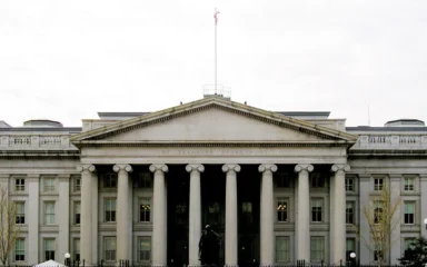 Front facade of the U.S. Treasury Building in Washington, D.C.