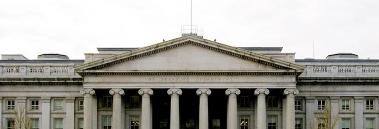 Front facade of the U.S. Treasury Building in Washington, D.C.