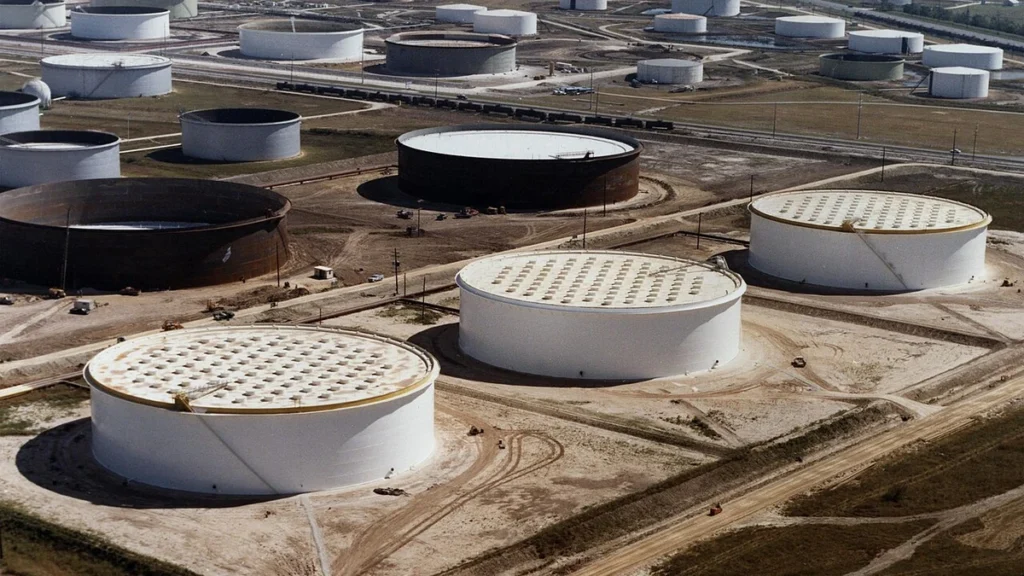 Aerial view of crude oil storage tanks near Nederland, Texas, connected to U.S. Strategic Petroleum Reserve infrastructure.