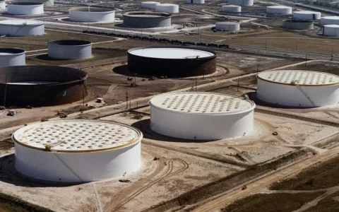 Aerial view of crude oil storage tanks near Nederland, Texas, connected to U.S. Strategic Petroleum Reserve infrastructure.