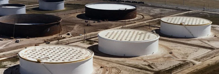 Aerial view of crude oil storage tanks near Nederland, Texas, connected to U.S. Strategic Petroleum Reserve infrastructure.