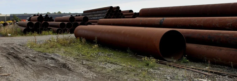 Large steel pipes stacked at an industrial estate.