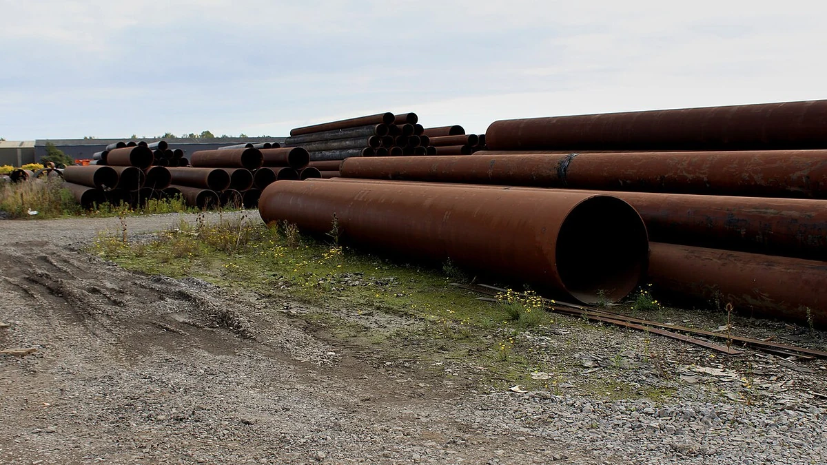Large steel pipes stacked at an industrial estate.