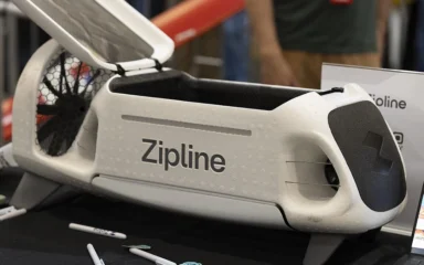 Zipline delivery drone displayed at the company’s booth during Open Sauce 2026 in San Mateo, California.