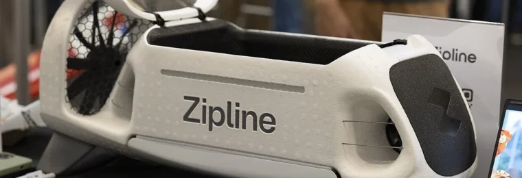 Zipline delivery drone displayed at the company’s booth during Open Sauce 2026 in San Mateo, California.