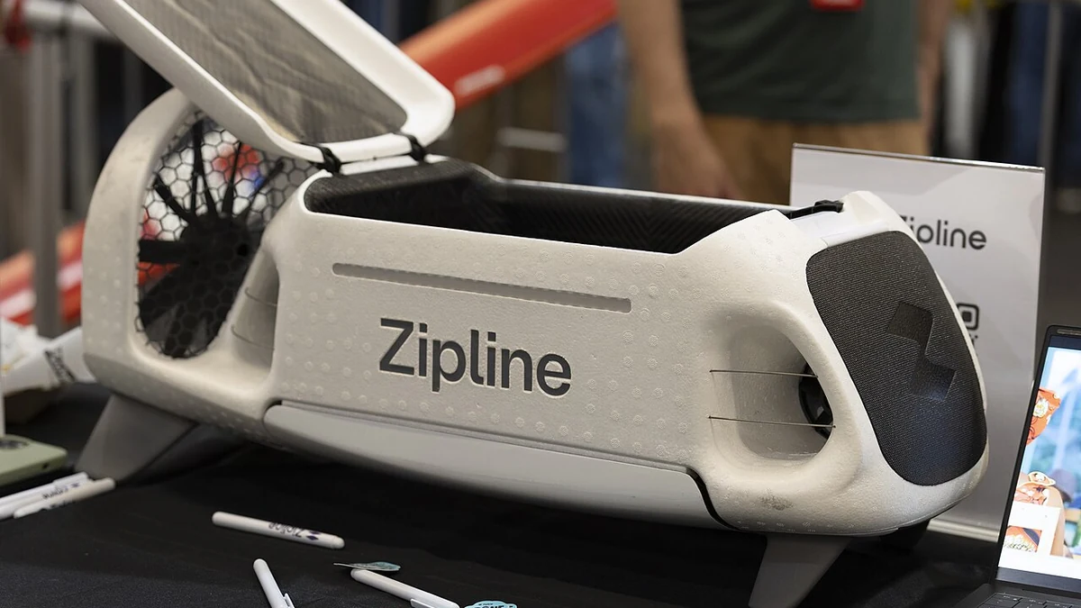 Zipline delivery drone displayed at the company’s booth during Open Sauce 2026 in San Mateo, California.