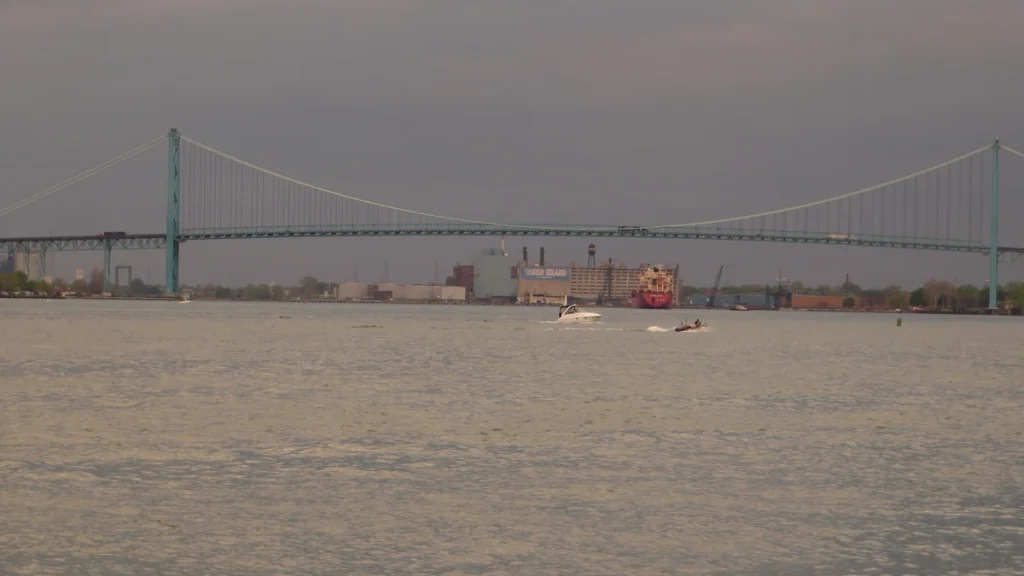 Ambassador Bridge spanning the Detroit River between Detroit, Michigan, and Windsor, Ontario.