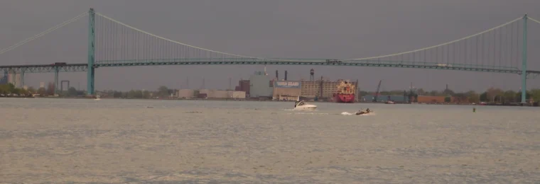 Ambassador Bridge spanning the Detroit River between Detroit, Michigan, and Windsor, Ontario.