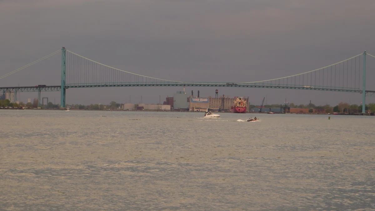 Ambassador Bridge spanning the Detroit River between Detroit, Michigan, and Windsor, Ontario.