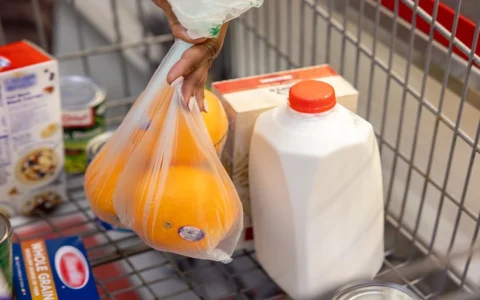Shopping cart with groceries including oranges, milk, pasta and canned goods.