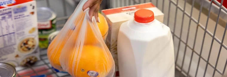 Shopping cart with groceries including oranges, milk, pasta and canned goods.