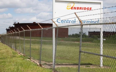 Crude oil storage tanks at an Enbridge tank farm in Cushing, Oklahoma.