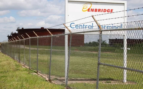 Crude oil storage tanks at an Enbridge tank farm in Cushing, Oklahoma.