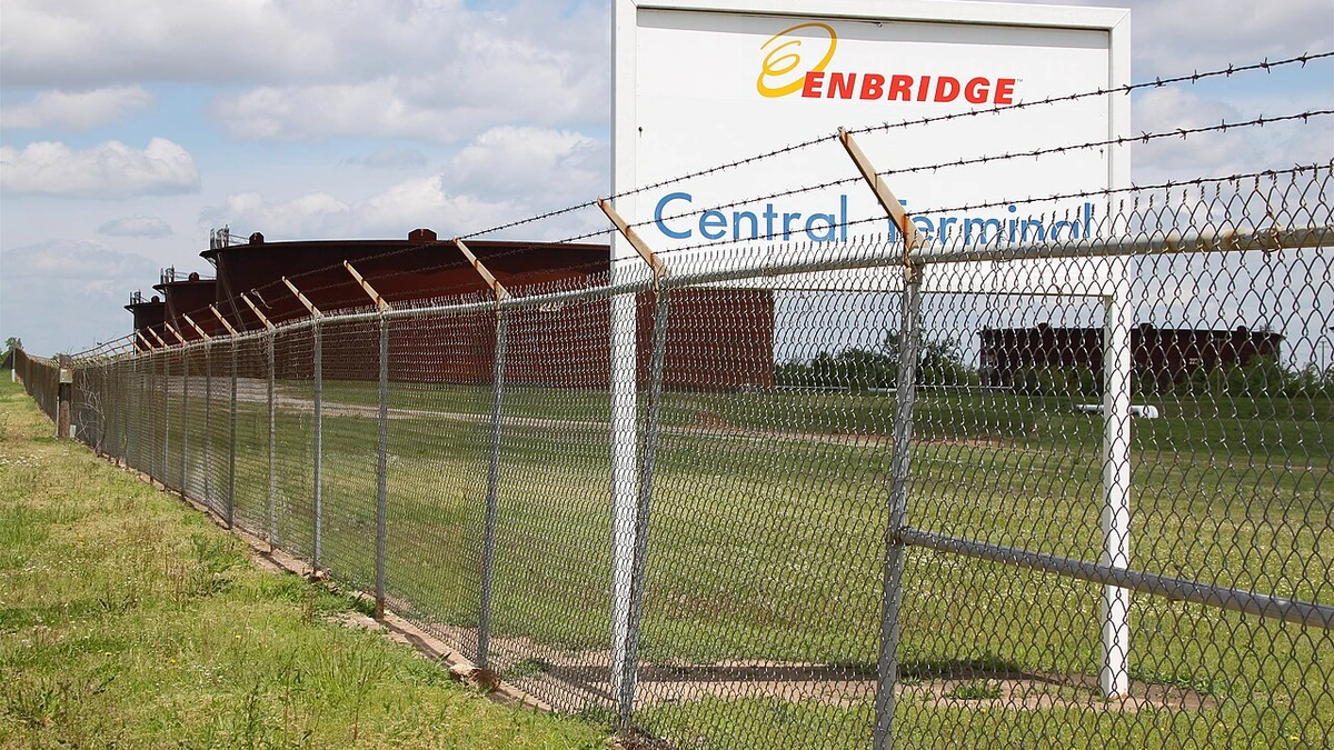 Crude oil storage tanks at an Enbridge tank farm in Cushing, Oklahoma.