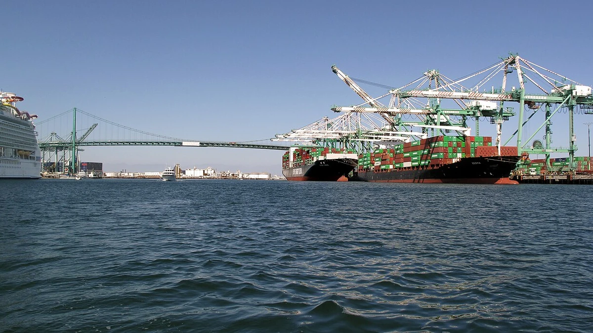 Container ships and port cranes at the Port of Los Angeles.