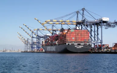 Container ship NYK Themis docked at the Port of Los Angeles with cargo containers and cranes.
