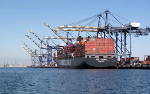 Container ship NYK Themis docked at the Port of Los Angeles with cargo containers and cranes.