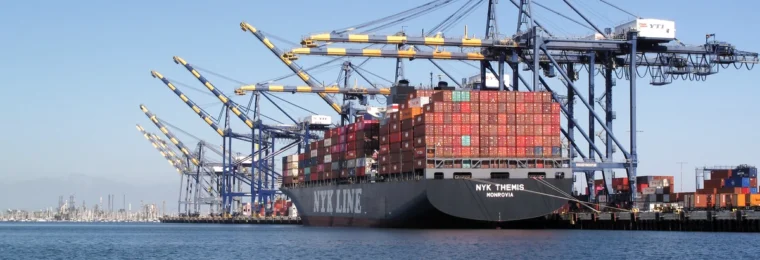 Container ship NYK Themis docked at the Port of Los Angeles with cargo containers and cranes.