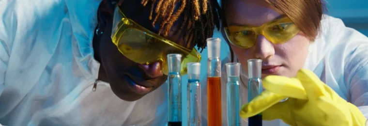 Two scientists examining laboratory samples in a biotechnology research setting.