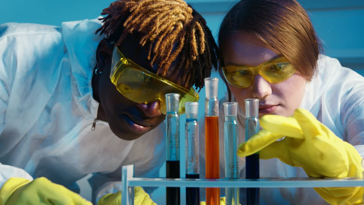 Two scientists examining laboratory samples in a biotechnology research setting.