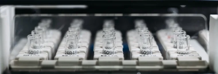 Rows of laboratory vials inside an automated scientific research machine.