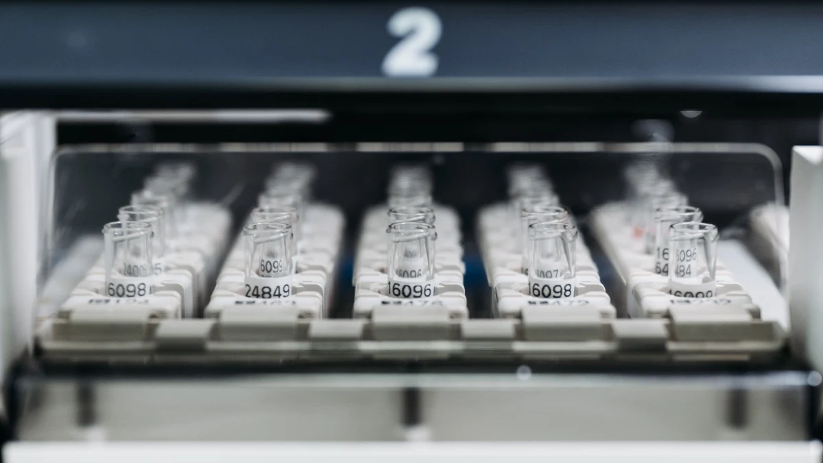 Rows of laboratory vials inside an automated scientific research machine.