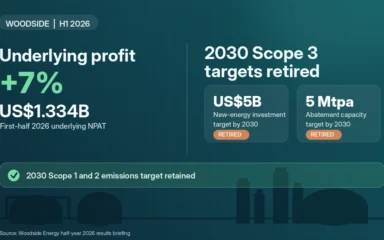 Editorial graphic showing Woodside's 7% rise in first-half underlying profit and the retirement of two 2030 Scope 3 targets.