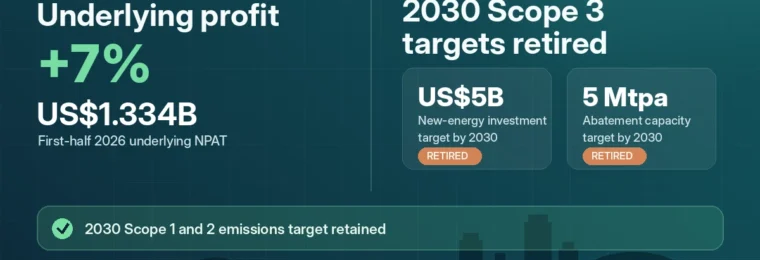 Editorial graphic showing Woodside's 7% rise in first-half underlying profit and the retirement of two 2030 Scope 3 targets.